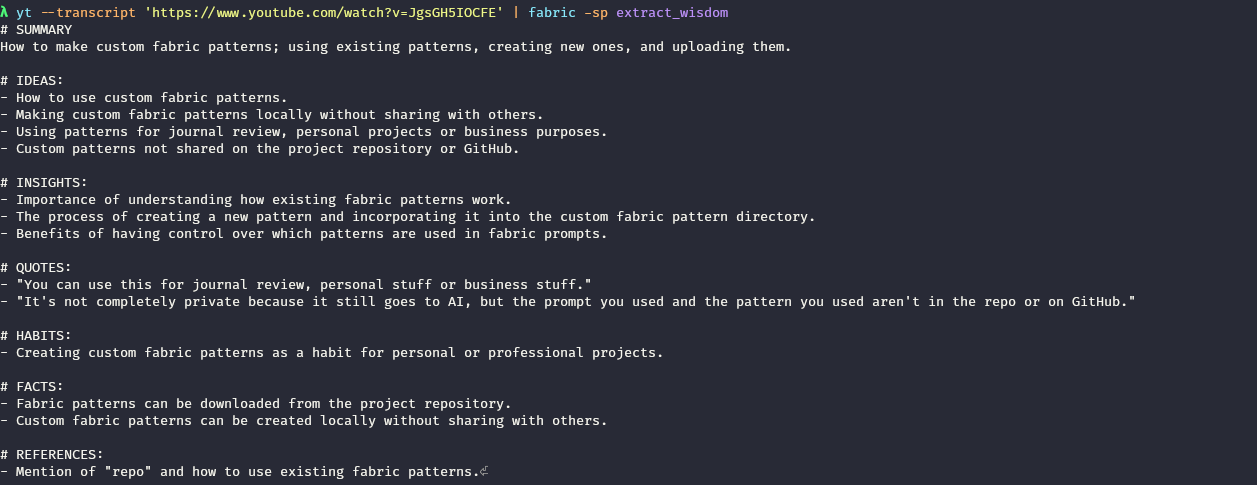 Example of how Fabric is used to extract wisdom from a YouTube video transcript.